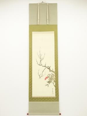 靖々春明筆　白梅　肉筆絹本掛軸（保護箱）